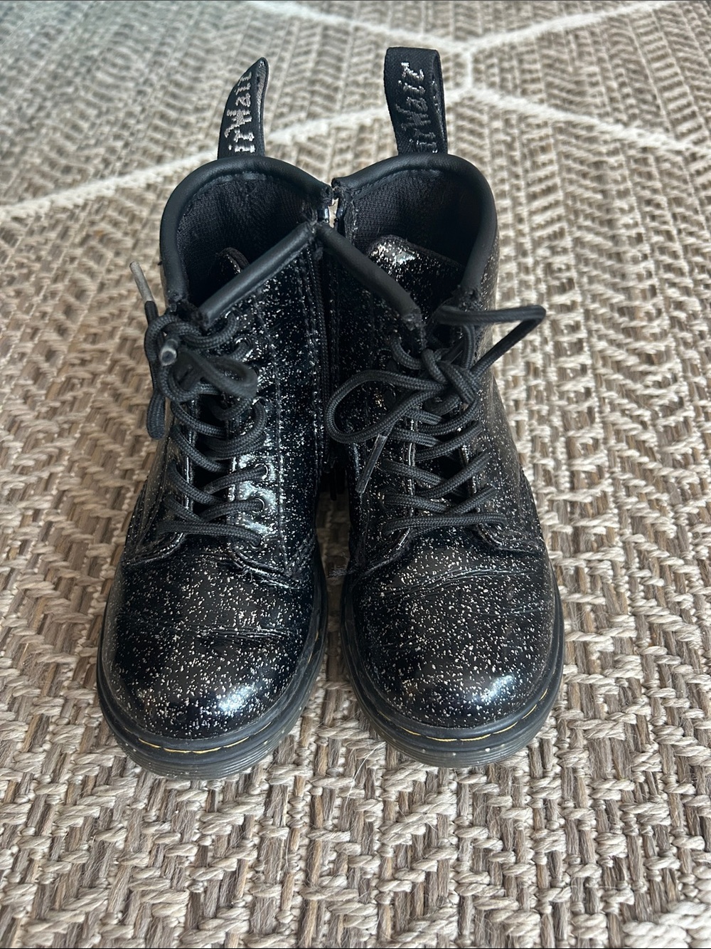 Dr. Martens Kids Black Glitter Lace-Up Ankle Boots with Side Zip